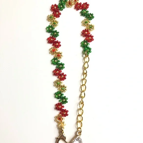 Christmas Holiday Bracelet Zirconia Charm Gold Red Green Beaded Heart Clasp New - Picture 3 of 6